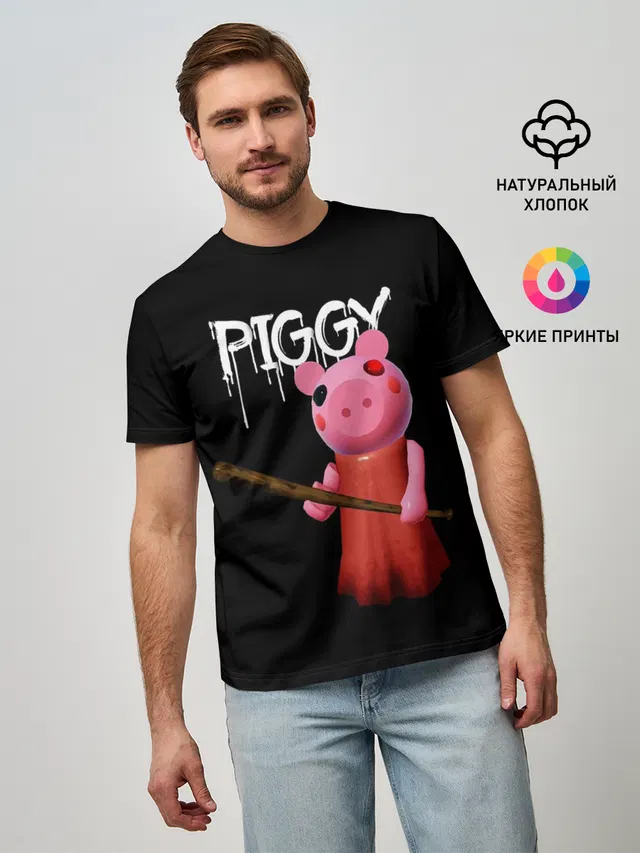 Мужская базовая футболка с принтом «Роблокс — ROBLOX PIGGY - СВИНКА ПИГГИ»