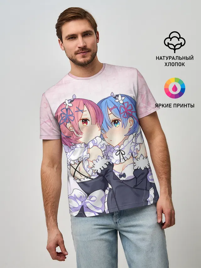 Мужская базовая футболка с принтом «Re:Zero. Жизнь с нуля в альтернативном мире — Re:Zero, Рам и Рем»