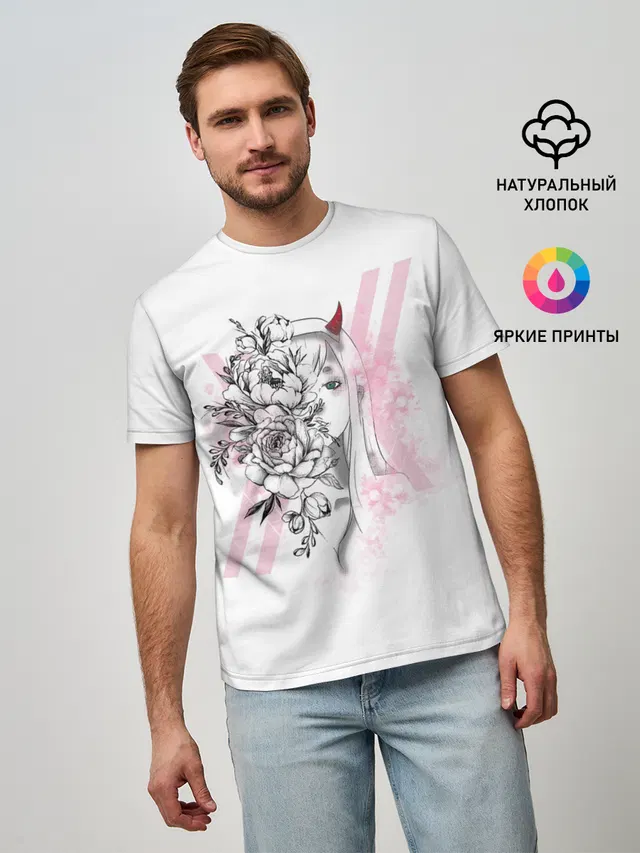 Мужская базовая футболка с принтом «Zero Two Roses»