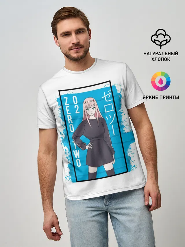 Мужская базовая футболка с принтом «Zero Two blue back»