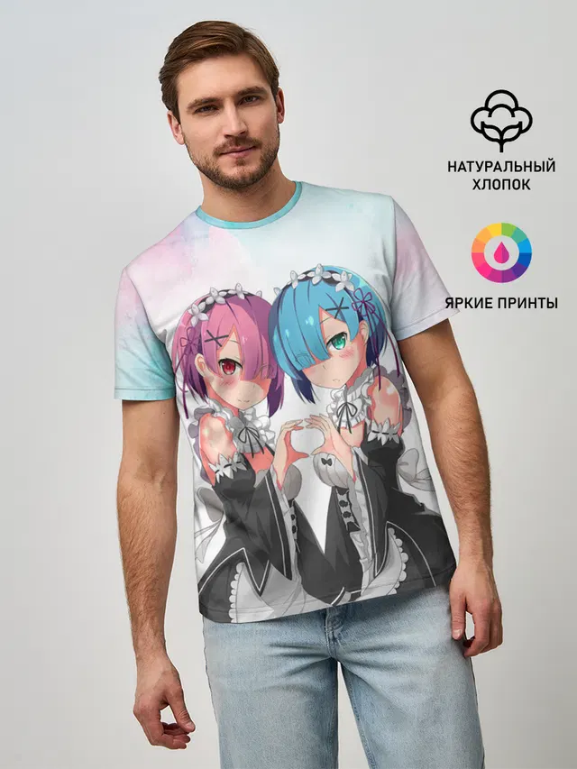 Мужская базовая футболка с принтом «Re:Zero. Жизнь с нуля в альтернативном мире — Re:Zero, Рам и Рем»
