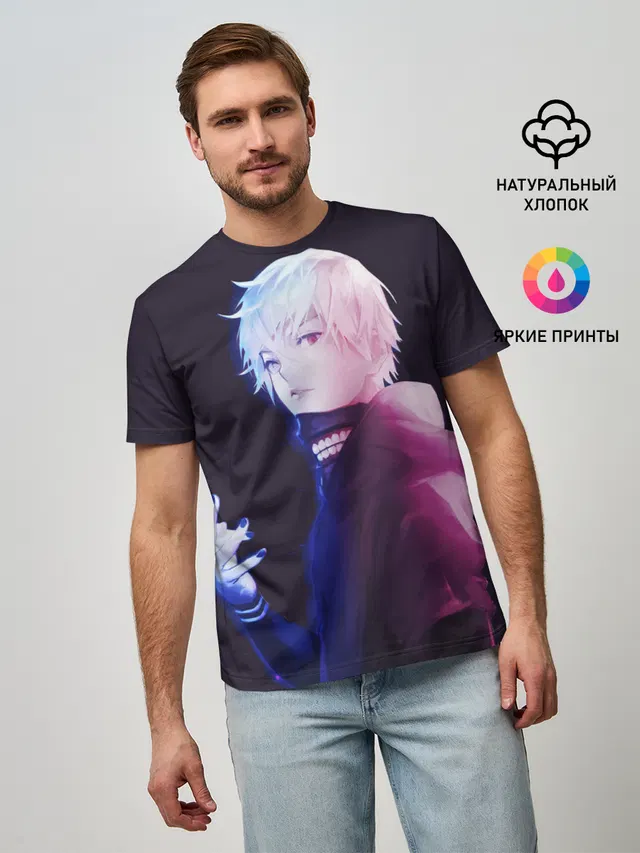 Мужская базовая футболка с принтом «Токийский Гуль — Kaneki Ken обернулся»