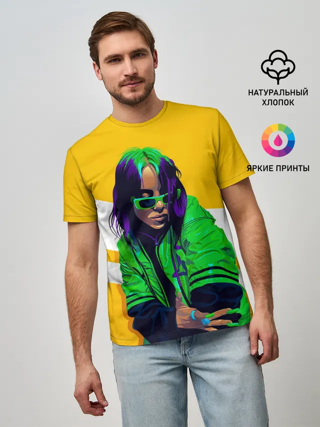 Мужская базовая футболка с принтом «Billie Eilish — Green Eilish»