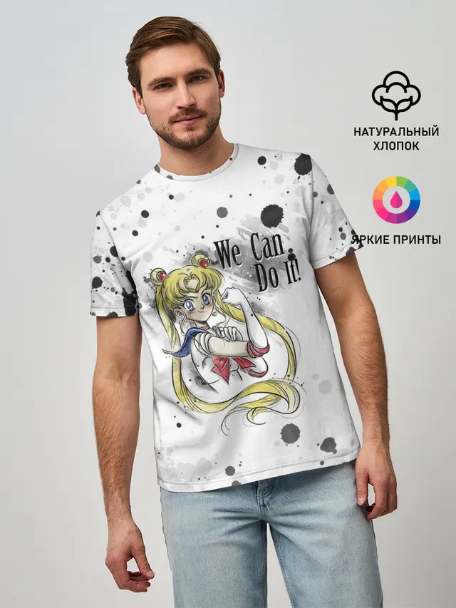 Мужская базовая футболка с принтом «Sailor Moon — Sailor Moon. We can do it!»