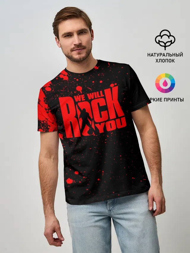 Мужская базовая футболка с принтом «Paint splatter — Queen - We Will Rock You»