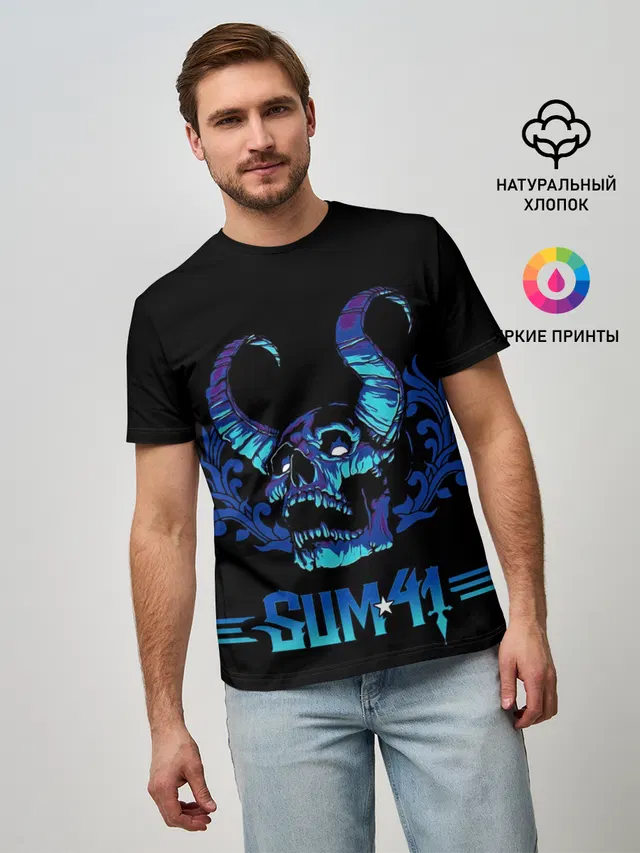 Мужская базовая футболка с принтом «Sum41 — Horned skull»