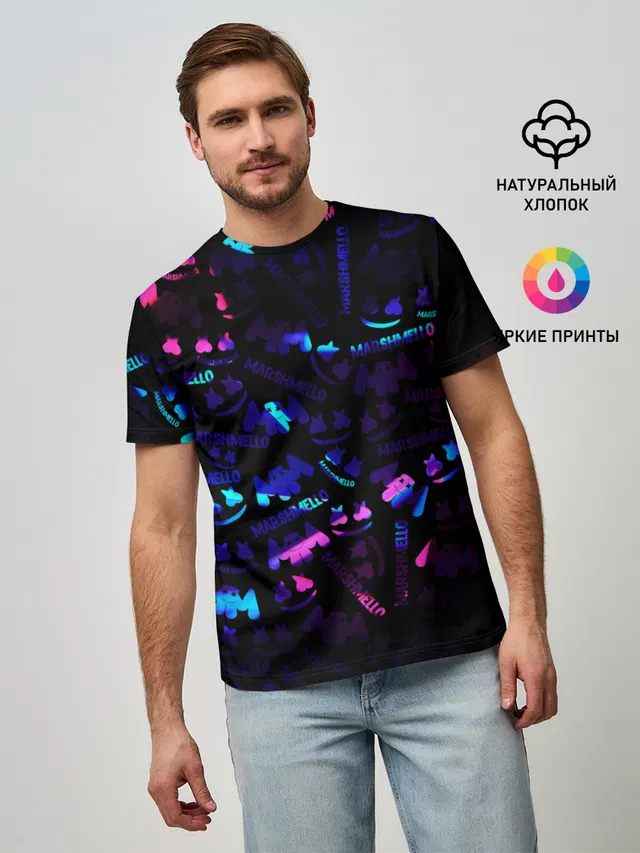 Мужская базовая футболка с принтом «Marsmello Neon»