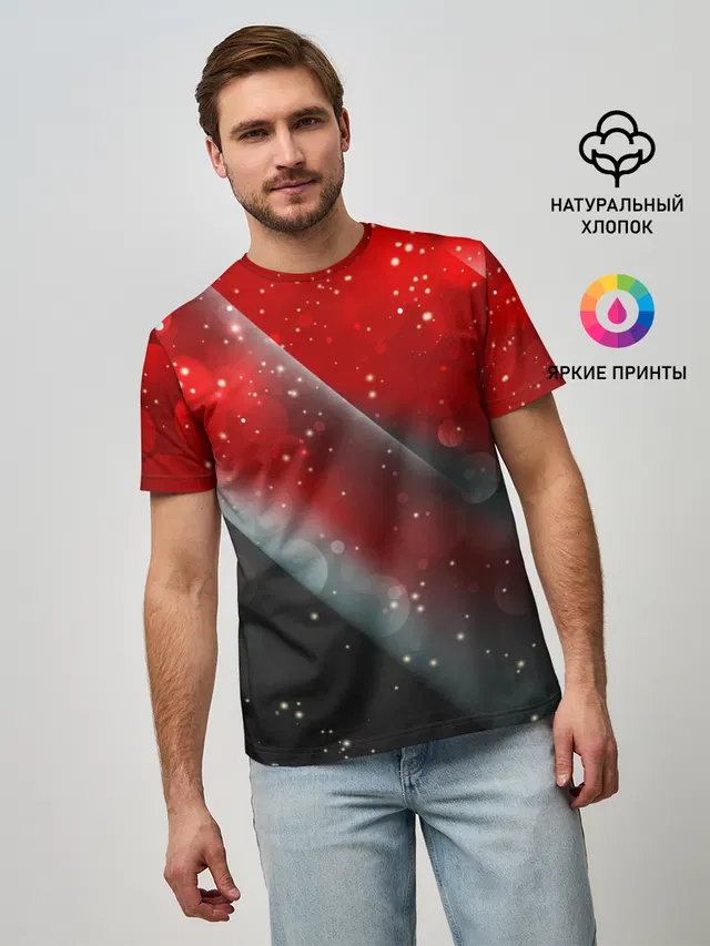 Мужская базовая футболка с принтом «Glitter — Red & Black»