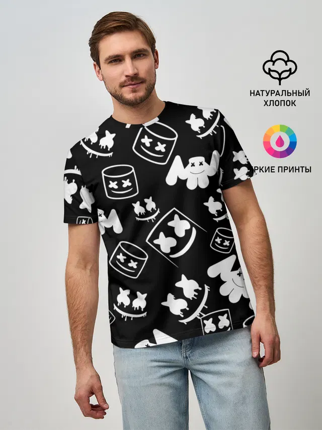 Мужская базовая футболка с принтом «Marshmello ЧБ»