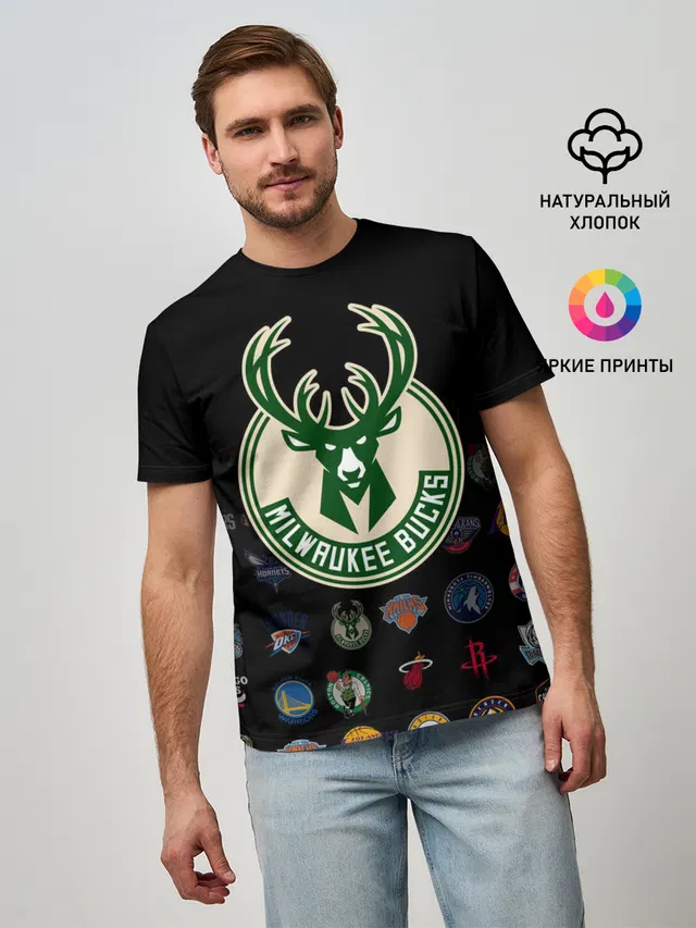 Мужская базовая футболка с принтом «НБА — Milwaukee Bucks»