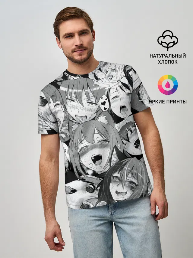 Мужская базовая футболка с принтом «Ahegao — AHEGAO monochrome»