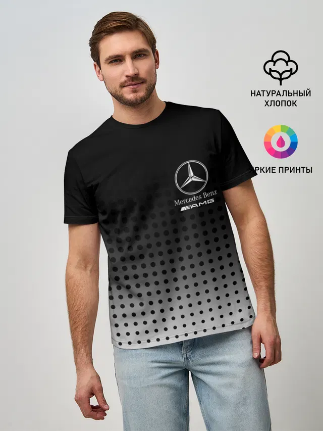 Мужская базовая футболка с принтом «halftone — Mercedes-Benz»