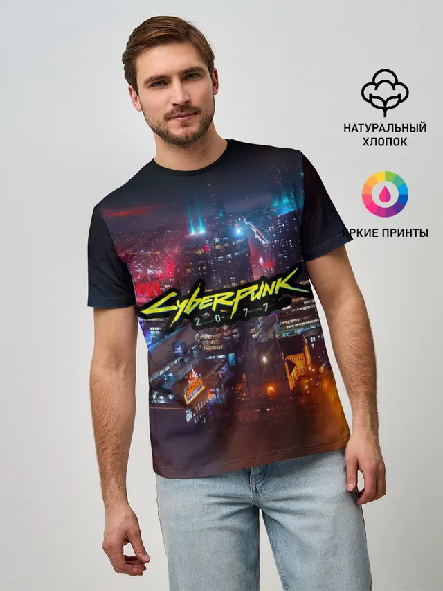 Мужская базовая футболка с принтом «Cyberpunk 2077 — Найт сити»