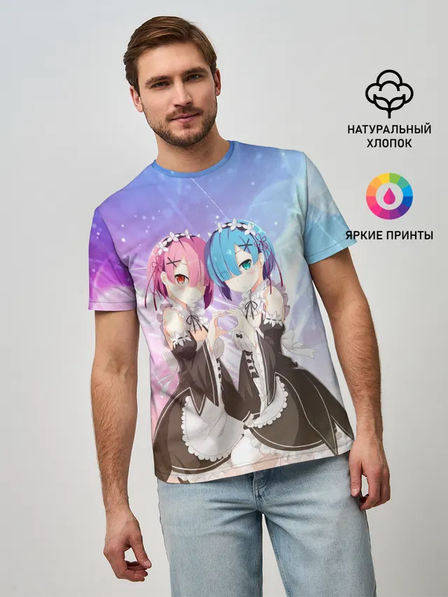 Мужская базовая футболка с принтом «Re:Zero. Жизнь с нуля в альтернативном мире — Рем и Рам»