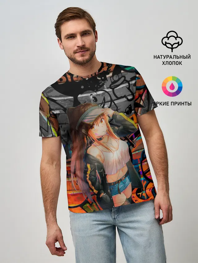 Мужская базовая футболка с принтом «Anime Girl with Graffiti»