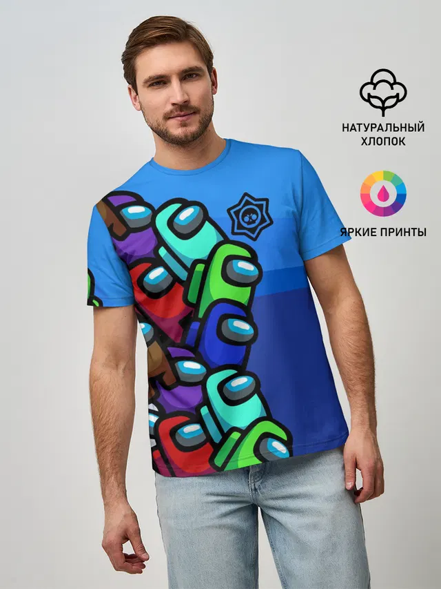 Мужская базовая футболка с принтом «Brawl Stars — Among Us + Brawl Stars»
