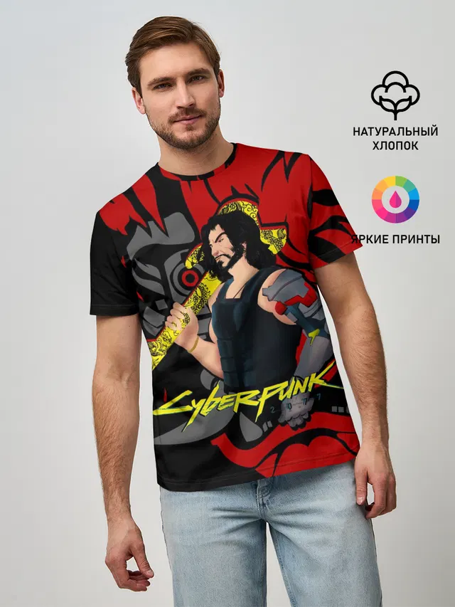 Мужская базовая футболка с принтом «Cyberpunk 2077 — SAMURAI KEANU»