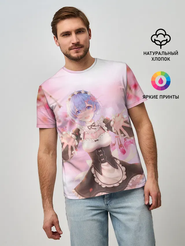 Мужская базовая футболка с принтом «Re:Zero. Жизнь с нуля в альтернативном мире — Рем»