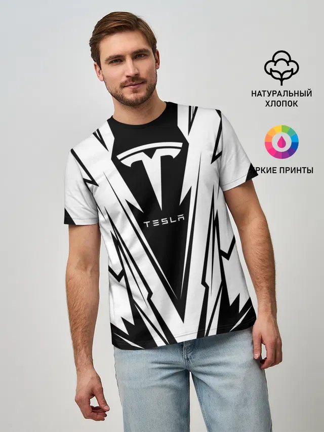 Мужская базовая футболка с принтом «Tesla»