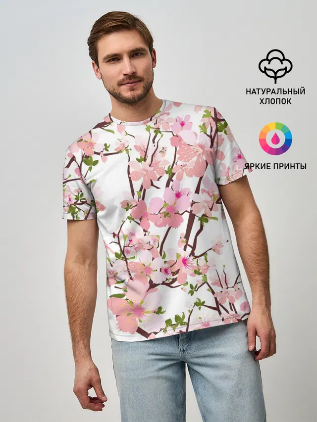 Мужская базовая футболка с принтом «Природа — Сакура — Sakura»