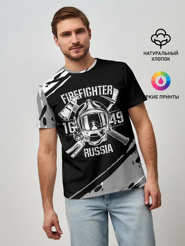 Мужская базовая футболка с принтом «МЧС — FIREFIGHTER 1649 RUSSIA»