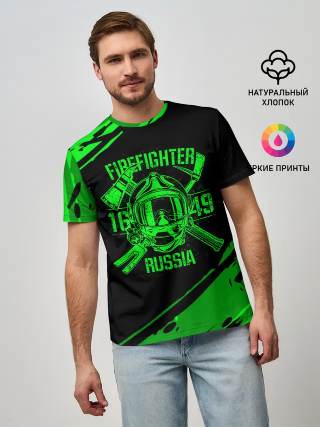 Мужская базовая футболка с принтом «МЧС — FIREFIGHTER 1649 RUSSIA»