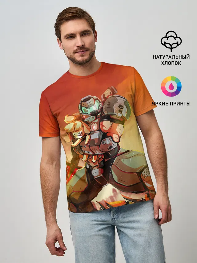 Мужская базовая футболка с принтом «Разные игры — ANIMAL CROSSING x DOOM ETERNAL»