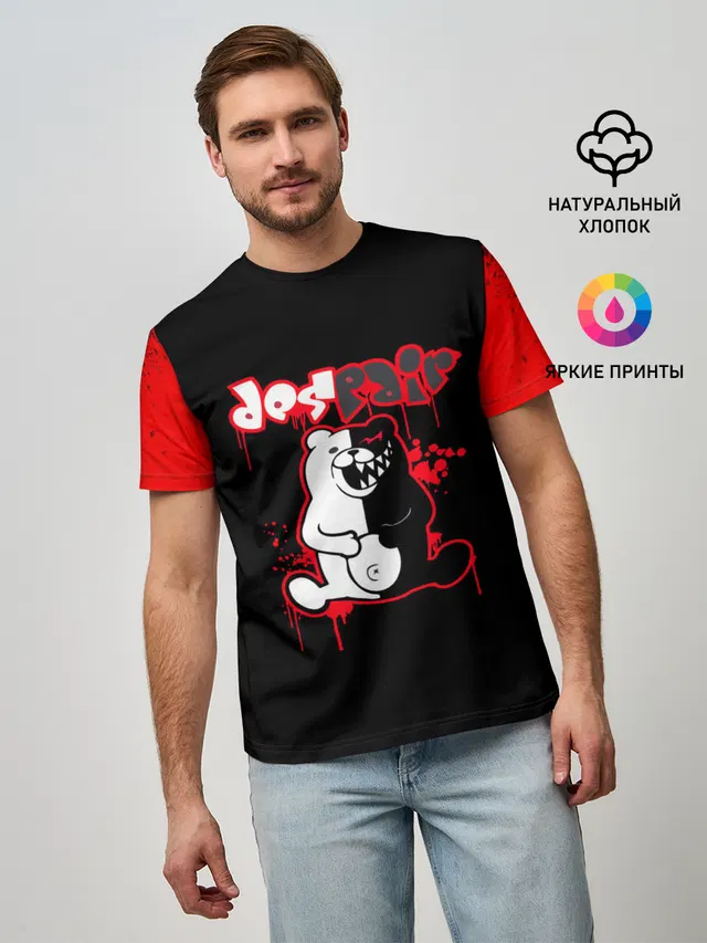 Мужская базовая футболка с принтом «monokuma красные потертости»