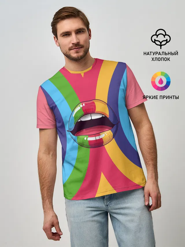 Мужская базовая футболка с принтом «Губы — Радужные губы — Rainbow lips»