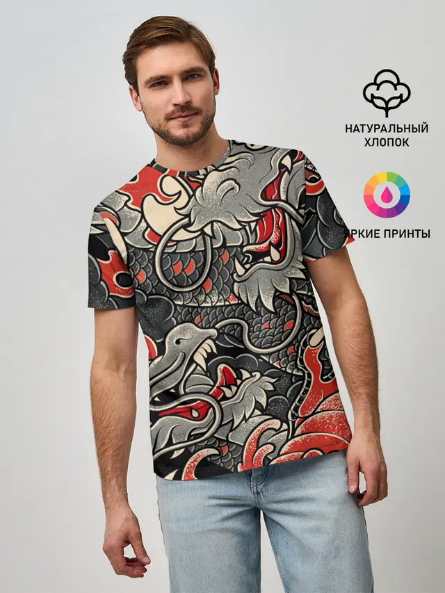 Мужская базовая футболка с принтом «Популярные — Dsquared tatoo DRAGON»