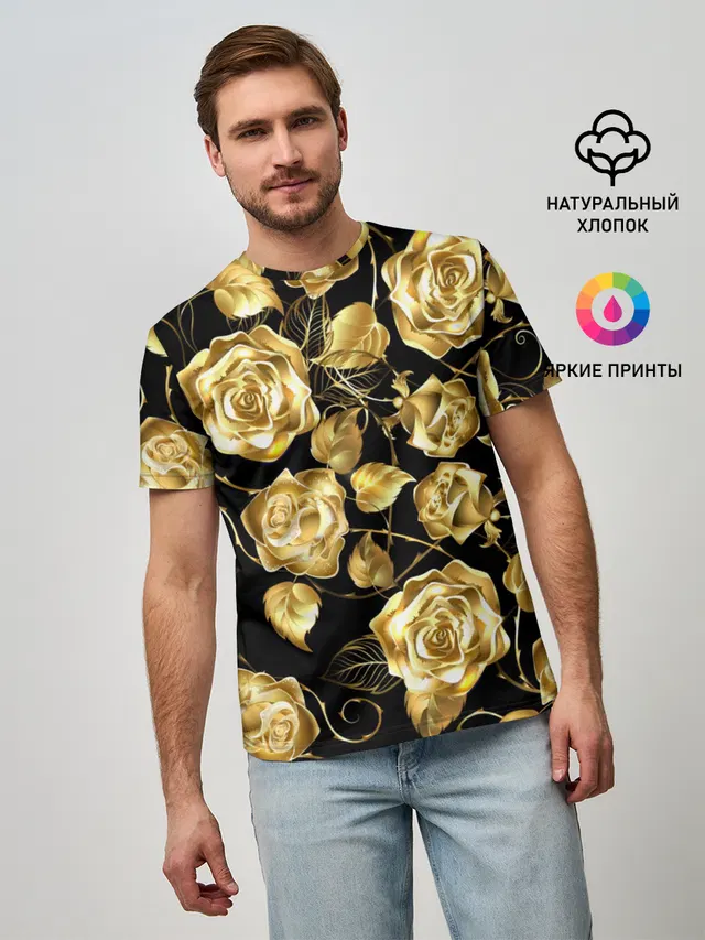 Мужская базовая футболка с принтом «Golden Roses»