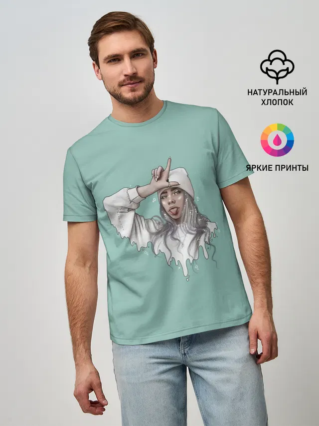 Мужская базовая футболка с принтом «Billie Eilish — Billie Eilish Mint Art»