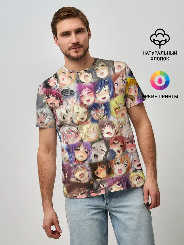 Мужская базовая футболка с принтом «Ahegao — MANY FACES OF AHEGAO! color»