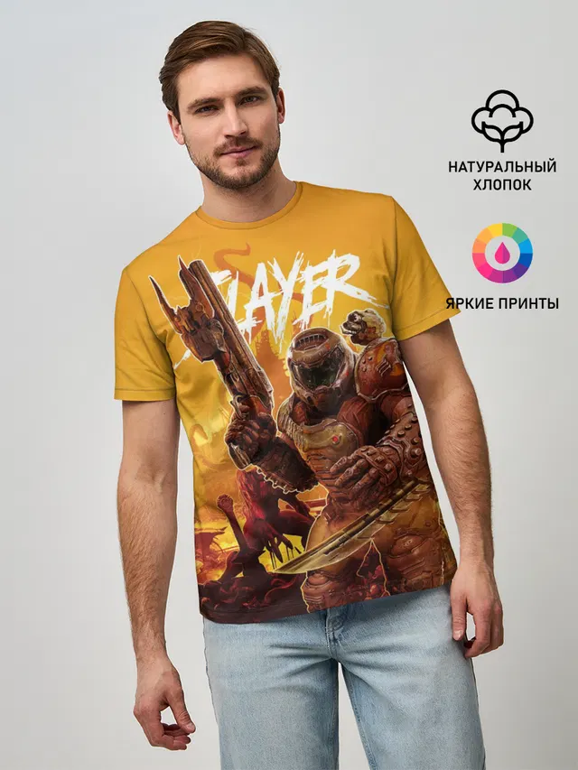 Мужская базовая футболка с принтом «Дум — Doom Slayer»