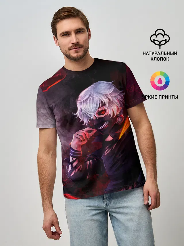 Мужская базовая футболка с принтом «Токийский Гуль — Ken Kaneki красные жала»