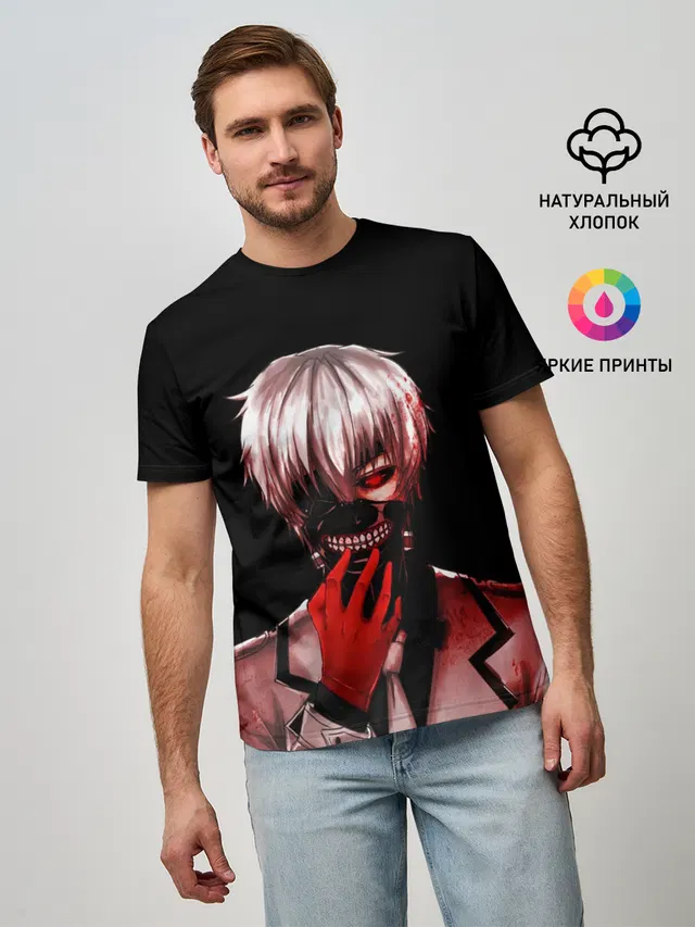Мужская базовая футболка с принтом «Токийский Гуль — Ken Kaneki в крови»