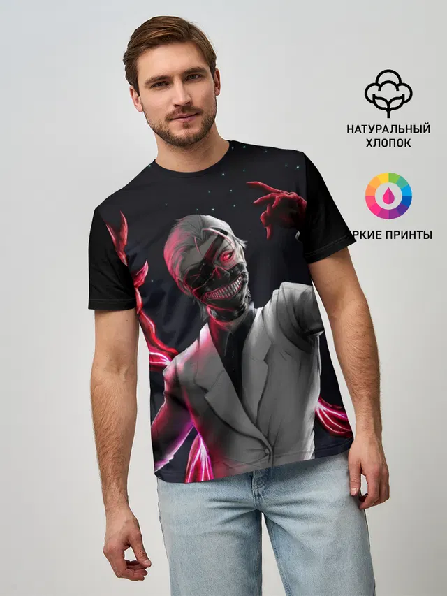 Мужская базовая футболка с принтом «Токийский Гуль — Ken Kaneki машет рукой»