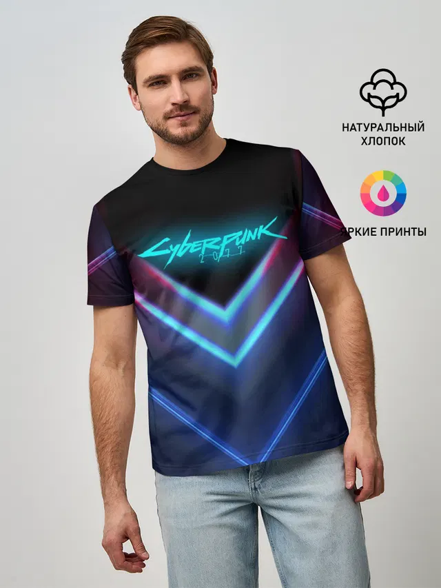 Мужская базовая футболка с принтом «Cyberpunk 2077 — CYBERPUNK 2077 NEON — НЕОН»
