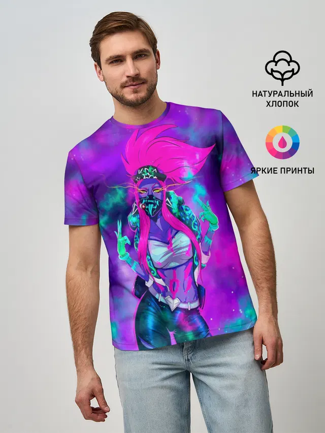 Мужская базовая футболка с принтом «Neon — Akali. KDA»