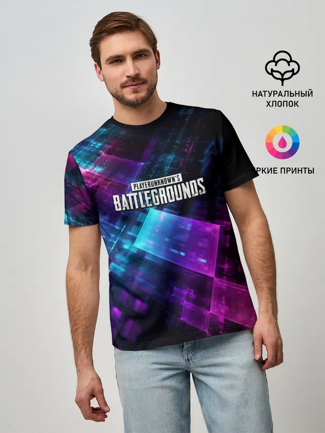 Мужская базовая футболка с принтом «ПАБГ — Pubg neon style 2019»