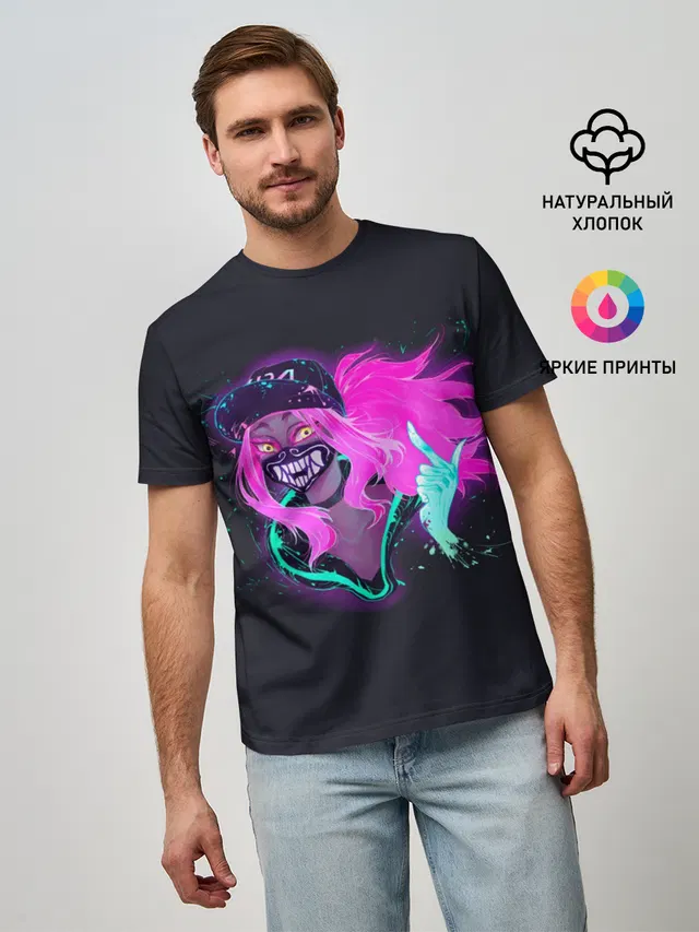 Мужская базовая футболка с принтом «Neon — Akali. KDA»