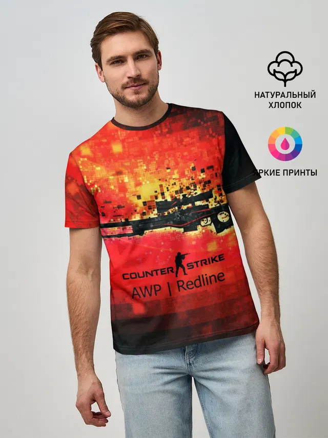 Мужская базовая футболка с принтом «Counter-Strike — cs go:AWP:Red Line»