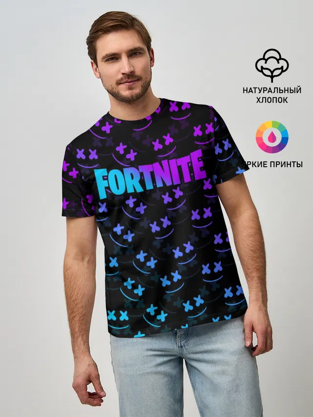 Мужская базовая футболка с принтом «Фортнайт — FORTNITE MARSHMELLO NEON»