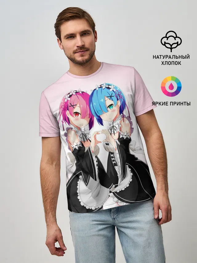Мужская базовая футболка с принтом «Re:Zero. Жизнь с нуля в альтернативном мире — Re:Zero. Рем и Рам»