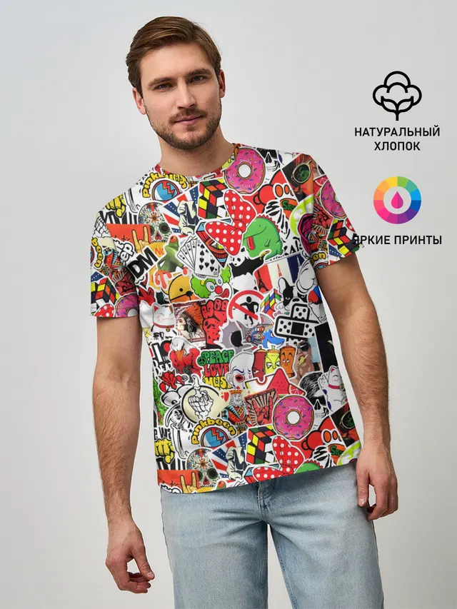 Мужская базовая футболка с принтом «Кубик Рубика — Sticker Bombing»