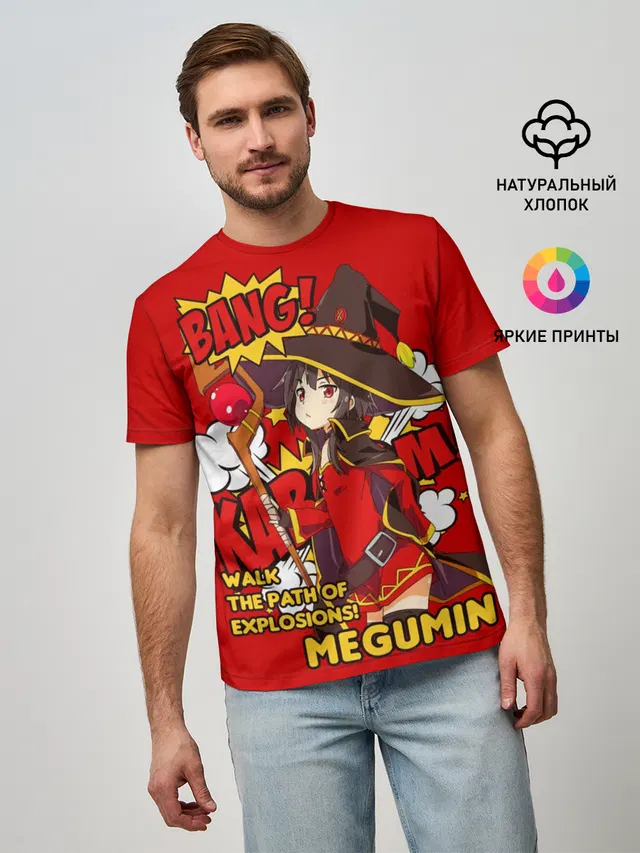 Мужская базовая футболка с принтом «KonoSuba. Мегумин текст»