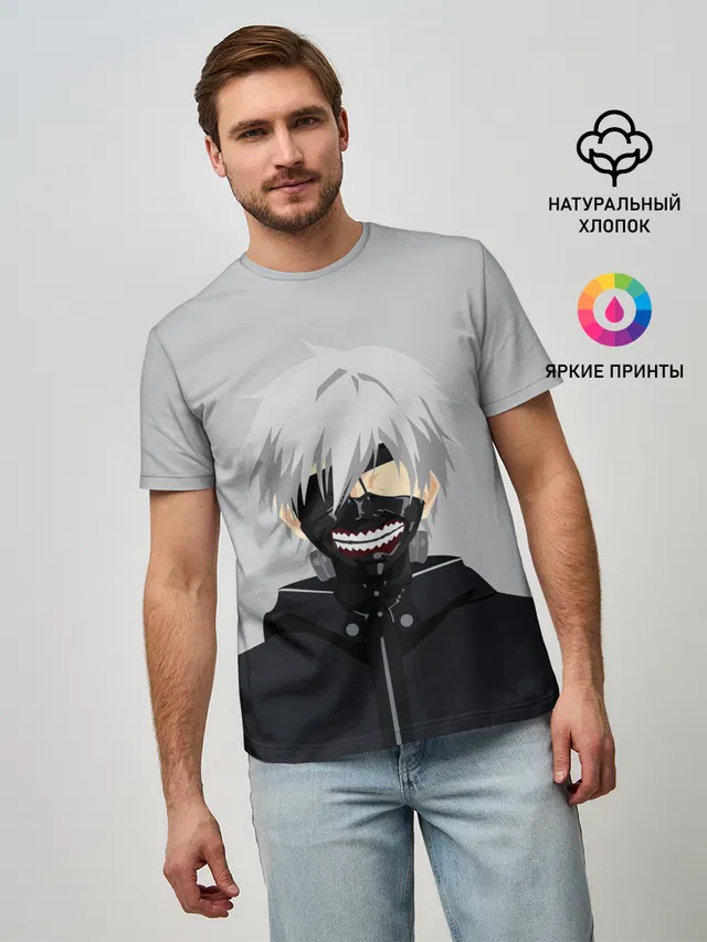 Мужская базовая футболка с принтом «Токийский Гуль — Kaneki Ken в маске»