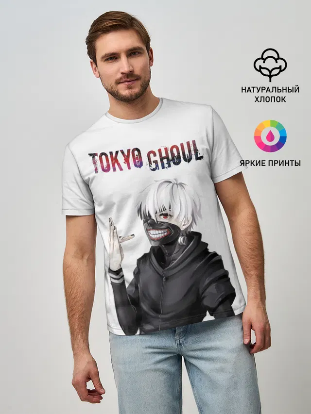 Мужская базовая футболка с принтом «Токийский Гуль — Kaneki Ken в профиль»