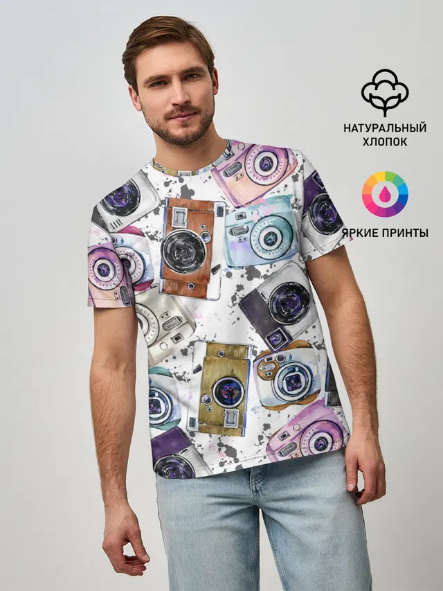 Мужская базовая футболка с принтом «Retro — Старинные фотоаппараты»