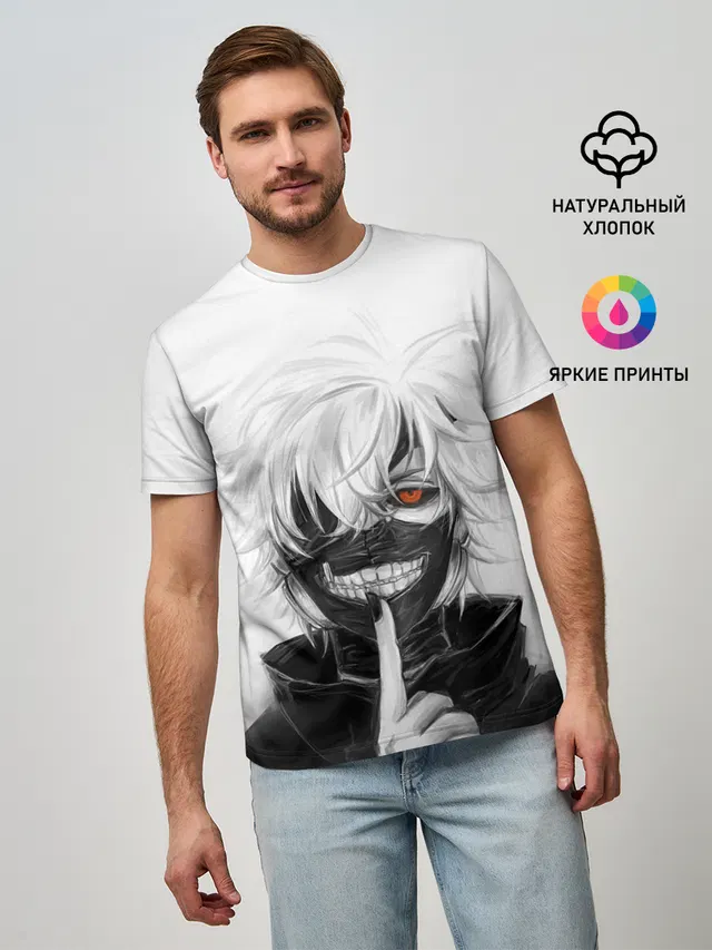Мужская базовая футболка с принтом «Токийский Гуль — Kaneki Ken в анфас»
